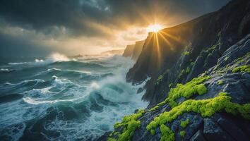 Crashing Waves on Rocky Coastline at Sunset with Green Vegetation photo