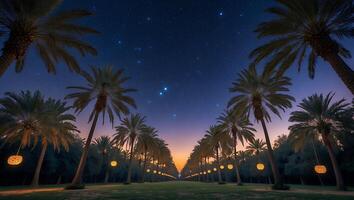 Palm Tree Lined Pathway with Hanging Lights at Night Under Stars photo
