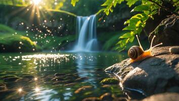 Snail Crawling Near Waterfall in Lush Green Natural Environment photo