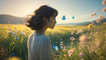 Woman Meditating in Flower Meadow with Butterflies at Golden Hour photo
