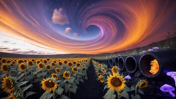 Sunflower Field Meets Surreal Sky with Pipes and Glowing Mushrooms photo