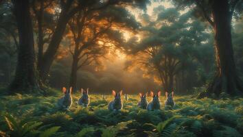 Rabbits Gather in Forest Glade with Glowing Light and Ferns photo