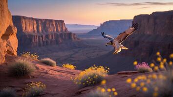 Hawk Flying Over Desert Canyon Landscape at Sunset with Yellow Flowers photo
