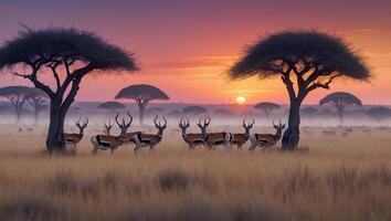 Antelope Herd Standing in Grassy Savannah at Sunrise Under Trees photo