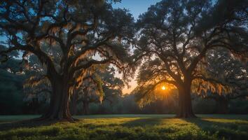 Majestic Ancient Trees at Sunrise Bathed in Golden Light Scenery photo
