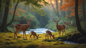 Deer Family Grazing by Stream in Lush Forest at Sunrise photo