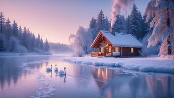 Winter Cabin by Frozen Lake with Swans in Snowy Landscape photo