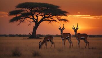 Gazelles Grazing Under a Tree Silhouette During a Vibrant Sunset photo