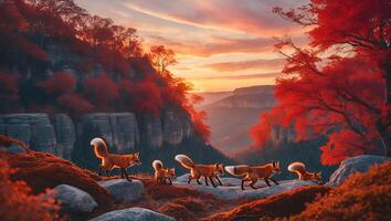 Fox Family Hiking in an Autumn Landscape with Vibrant Sunset Colors photo