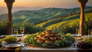 Dining Outdoors Overlooking Rolling Hills with Bread Wine and Grapes photo