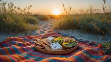 Beach Picnic with Cheese, Kiwi, and Crackers at Sunset photo
