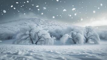 Snowfall Over Winter Landscape with Frosty Trees and Rolling Hill photo