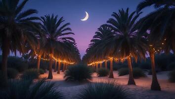 Palm Tree Grove at Night with Crescent Moon and Lights photo