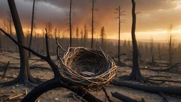 Bird Nest in Burnt Forest Remains Under a Hazy Sunset Sky photo