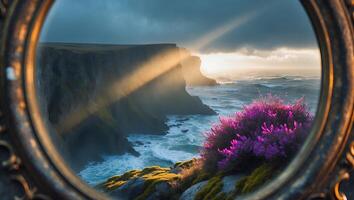 Coastal Cliff Landscape Through Frame with Sunlight and Purple Flowers photo