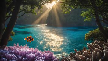Clownfish Swimming in Tropical Water with Sun Rays Shining Through Trees photo