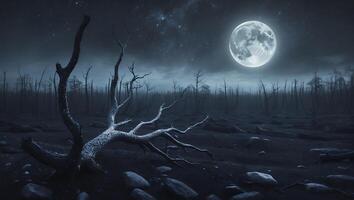 Dramatic Night Landscape Featuring Bare Trees and a Full Moon photo