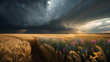 Golden Wheat Field with Wildflowers Under Dramatic Stormy Sky photo