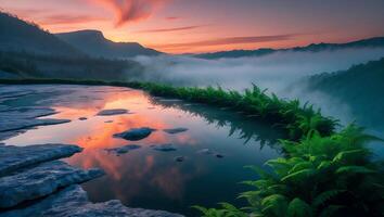 Reflecting Sunset Sky at Mountain Lake with Ferns and Mist photo