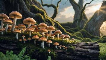 Mushrooms Growing on Log in Forest with Mossy Trees photo