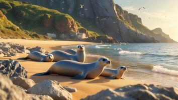 Seals Resting on Beach Shoreline Enjoying the Warm Sunlight photo