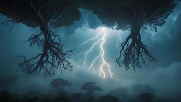 Lightning Strike Illuminating Trees Against a Dramatic Sky in a Landscape photo