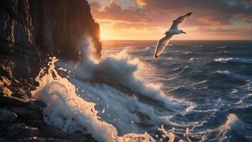 Seagull Flying Over Crashing Ocean Waves at Sunset with Cliffside photo