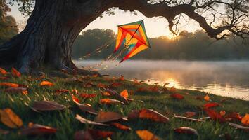 Flying Colorful Kite Near Lake and Tree in Autumn Scenery photo