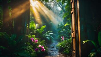 Pathway Through Tropical Jungle Opens to Sunlight with Lush Greenery photo