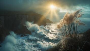 Coastal Waves Crashing Against Cliffs with Ornamental Grass at Sunrise photo