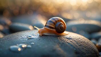 Snail Crawling on Stone with Bokeh Background in Natural Light photo