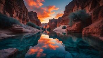 River Reflecting Sunset Between Canyon Walls with Dramatic Sky photo