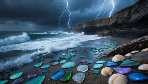 Dramatic Coastal Scene with Waves, Lightning, and Beach Glass photo