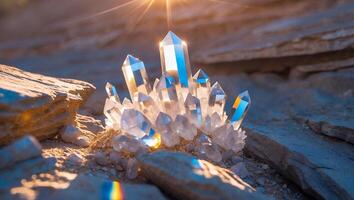 Quartz Crystal Cluster Shining in Sunlight on Rocky Ground Texture photo