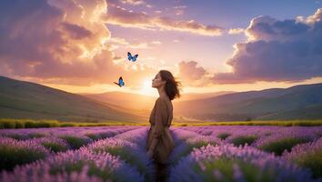 Woman Standing in Lavender Field with Butterflies at Peaceful Sunset photo