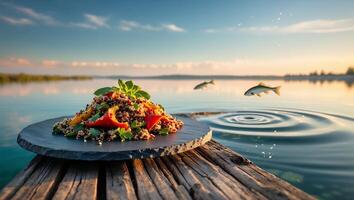 Quinoa Salad Served on Dock at Lake with Jumping Fish photo