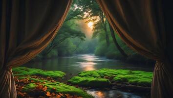 Viewing Forest River Through Curtains with Moss and Fallen Leaves photo