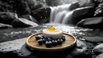 Serving Yogurt with Berries and Syrup Near Waterfall in Peaceful Setting photo