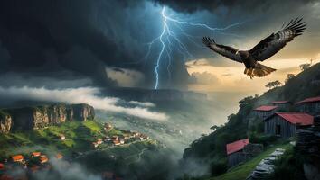 Eagle Flying Over Village During a Thunderstorm with Lightning Strikes photo