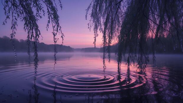 Lake Ripple Reflecting Sunset Sky with Weeping Willow Tree Branches photo