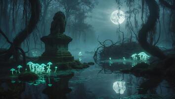 Glowing Mushrooms and Stone Structure Reflected in Water Under Moonlight photo