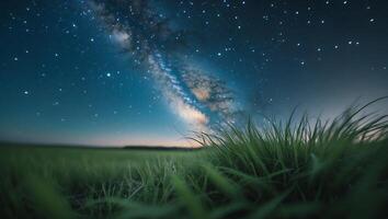 Milky Way Glowing Over Green Field at Night with Stars photo