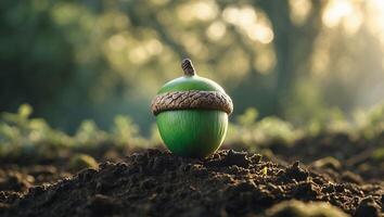 Green Acorn Resting on Soil with a Bokeh Forest Backdrop photo