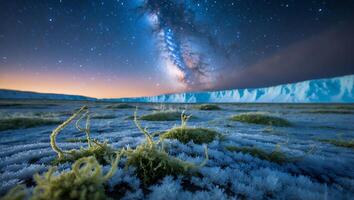 Observing Night Sky with Milky Way Over Frozen Antarctic Landscape photo