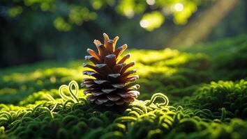 Pinecone Standing on Mossy Ground in Sunlit Forest Scene photo