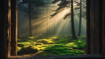 Sun Rays Streaming Through Forest Scene with Green Moss Through Window photo