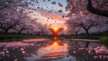 Blossom Trees Reflecting Sunset in Water with Falling Petals photo