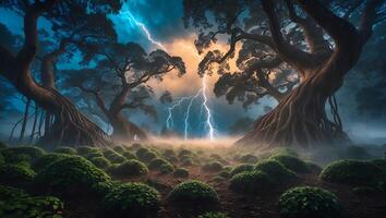 Dramatic Forest Lightning Strikes Through Ancient Trees and Overcast Sky photo