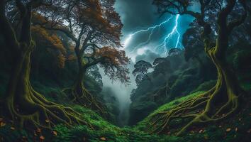 Dramatic Lightning Strikes Over Lush Forest Landscape with Foggy Atmosphere photo