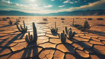 Cactus Landscape on Cracked Earth Under Blue Sky with Mountains photo